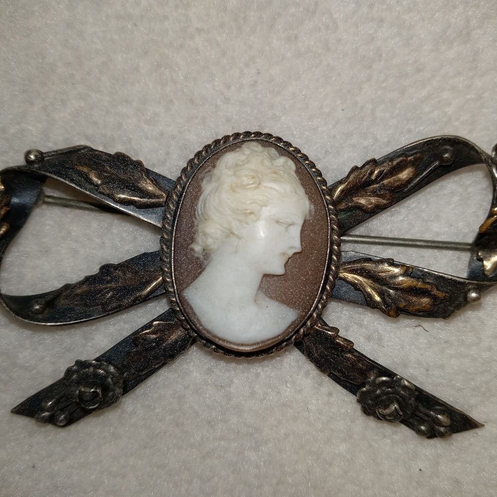 1940s Hobe Cameo Sterling and Bow Brooch